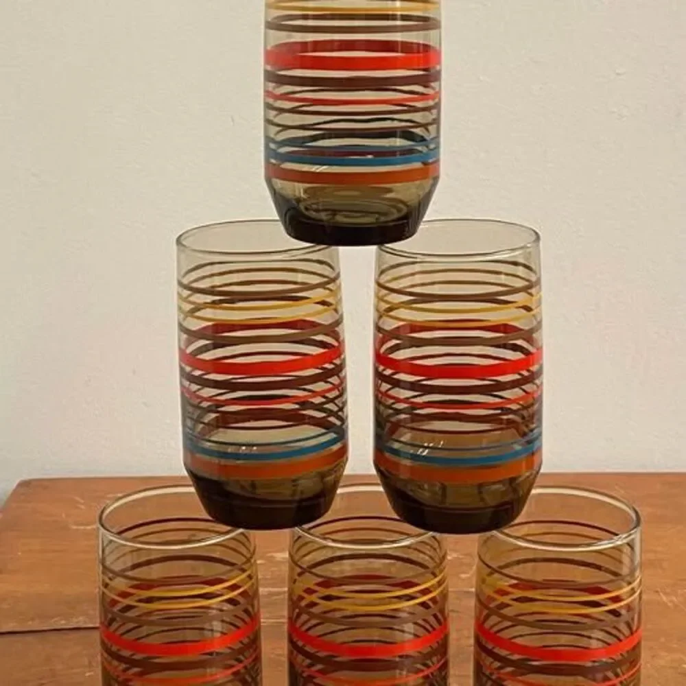 Vintage Dominion smoked amber retro striped juice glasses set of 6